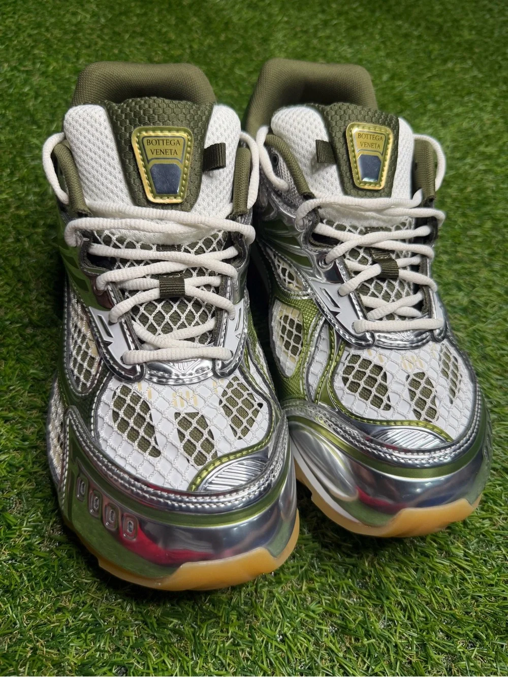 Bottega Veneta Olive Green and Silver Mesh Runner Sneakers